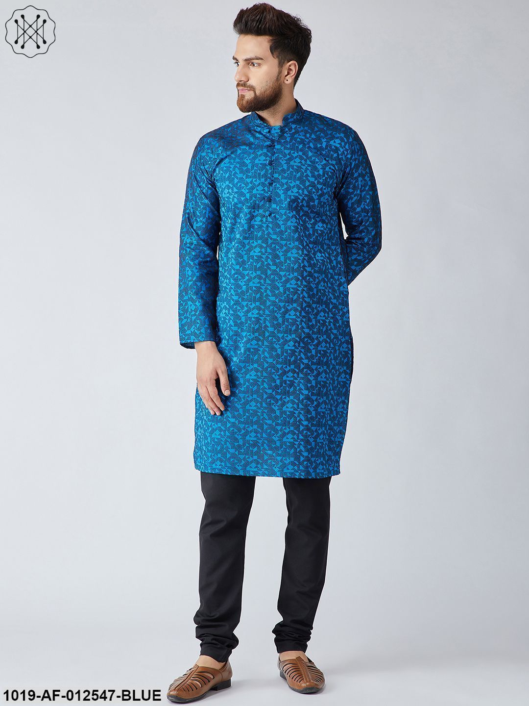 Men's Silk Royal Blue Kurta & Black Churidar Pyjama Set