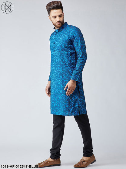 Men's Silk Royal Blue Kurta & Black Churidar Pyjama Set