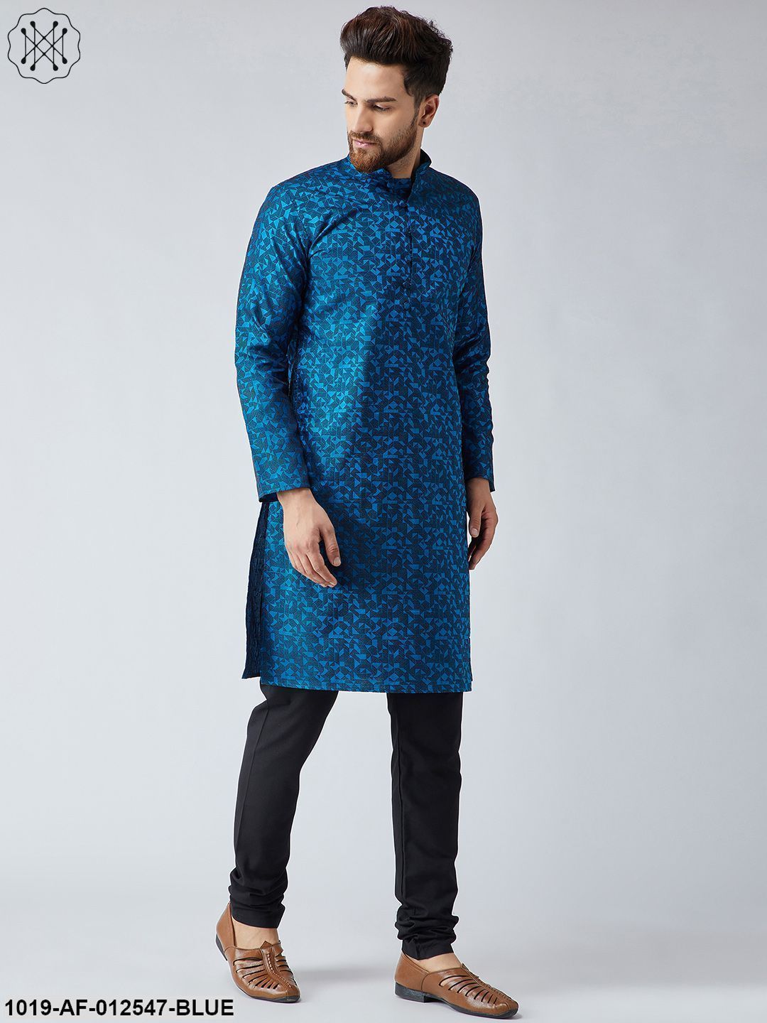 Men's Silk Royal Blue Kurta & Black Churidar Pyjama Set