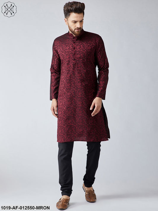 Men's Silk Maroon Kurta & Black Churidar Pyjama Set