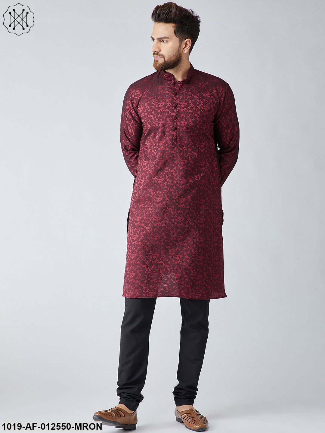 Men's Silk Maroon Kurta & Black Churidar Pyjama Set