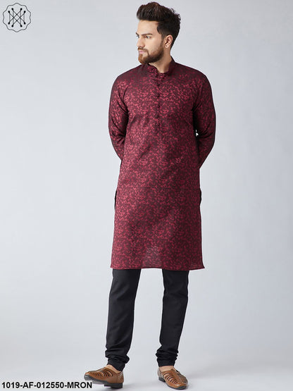 Men's Silk Maroon Kurta & Black Churidar Pyjama Set