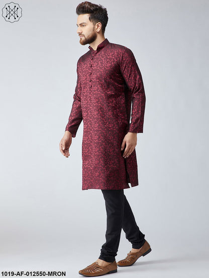 Men's Silk Maroon Kurta & Black Churidar Pyjama Set