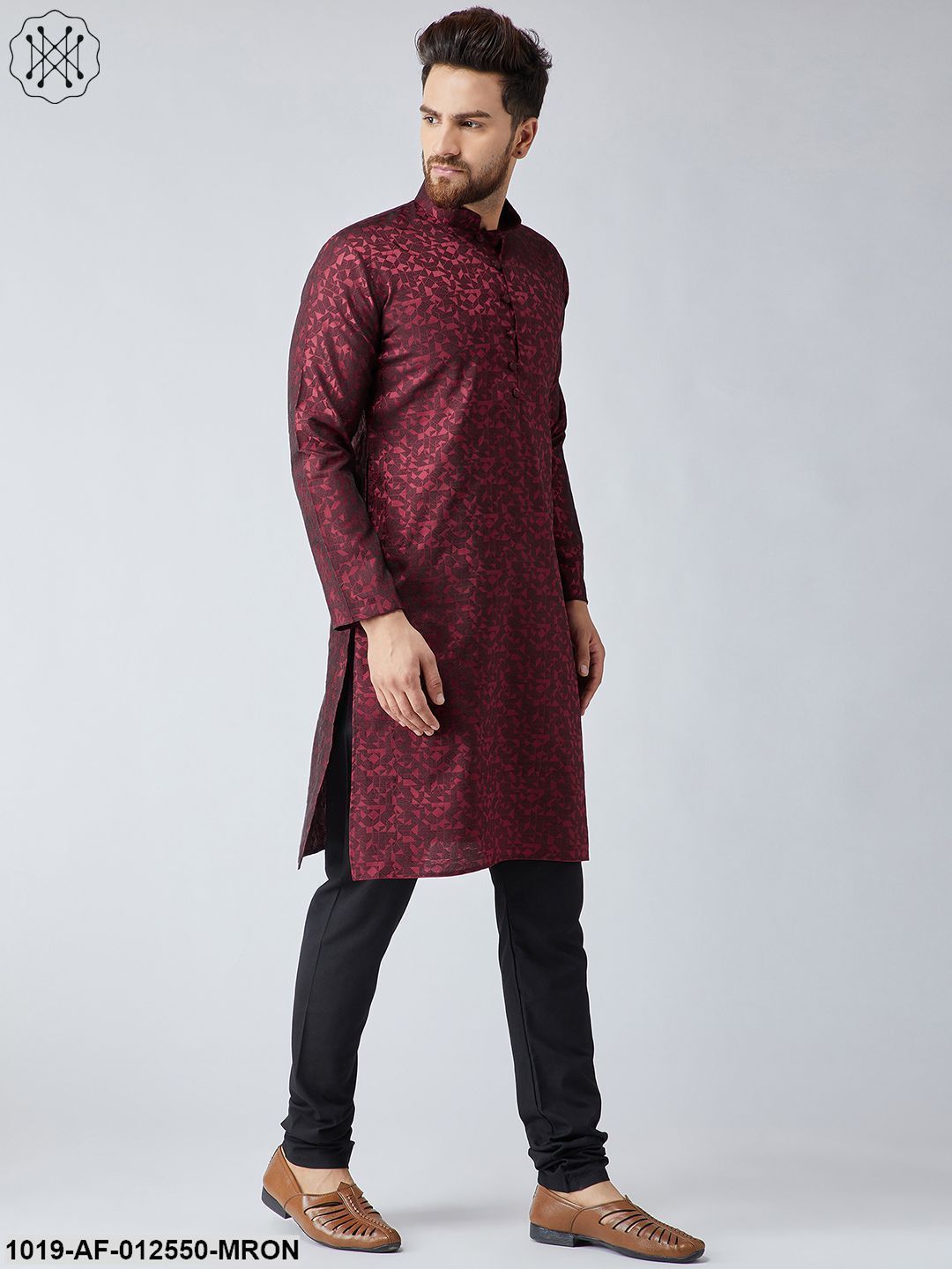 Men's Silk Maroon Kurta & Black Churidar Pyjama Set