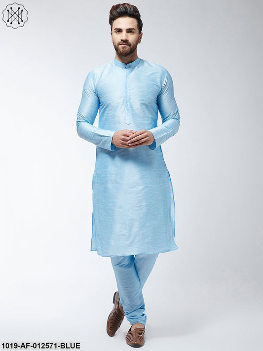 Men's Silk Blend Sky Blue Kurta & Churidaar Pyjama Set