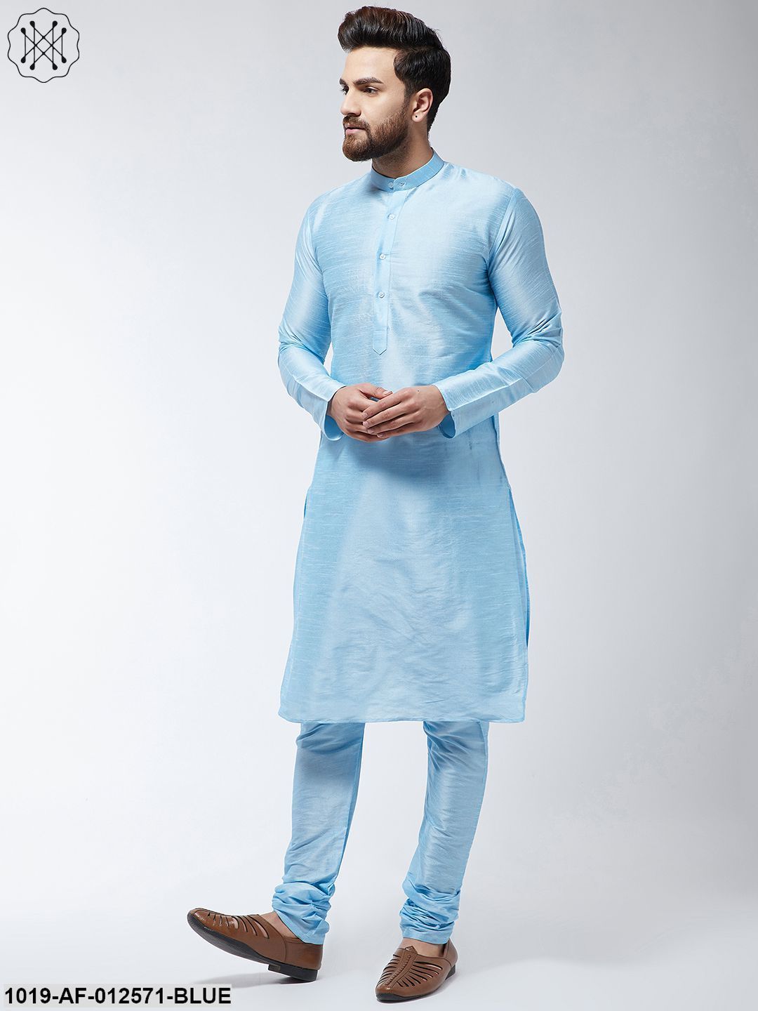 Men's Silk Blend Sky Blue Kurta & Churidaar Pyjama Set