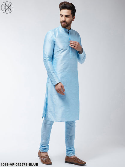 Men's Silk Blend Sky Blue Kurta & Churidaar Pyjama Set