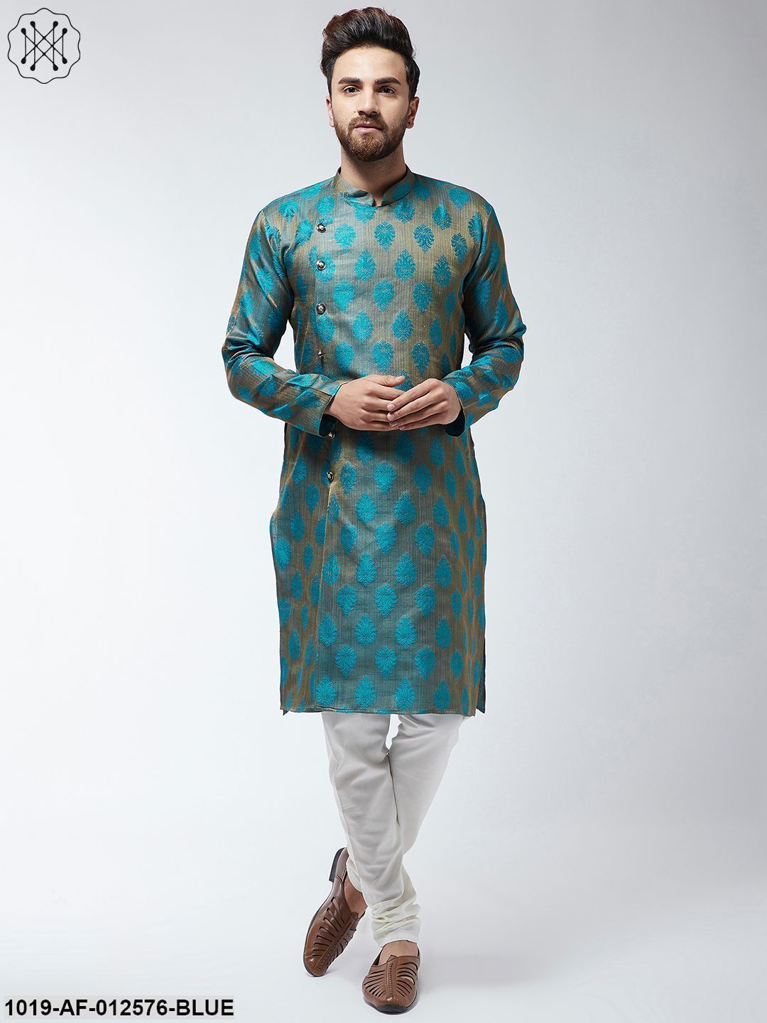 Men's Jacquard Silk Teal Blue Kurta & Off-White Churidar Pyjama Set