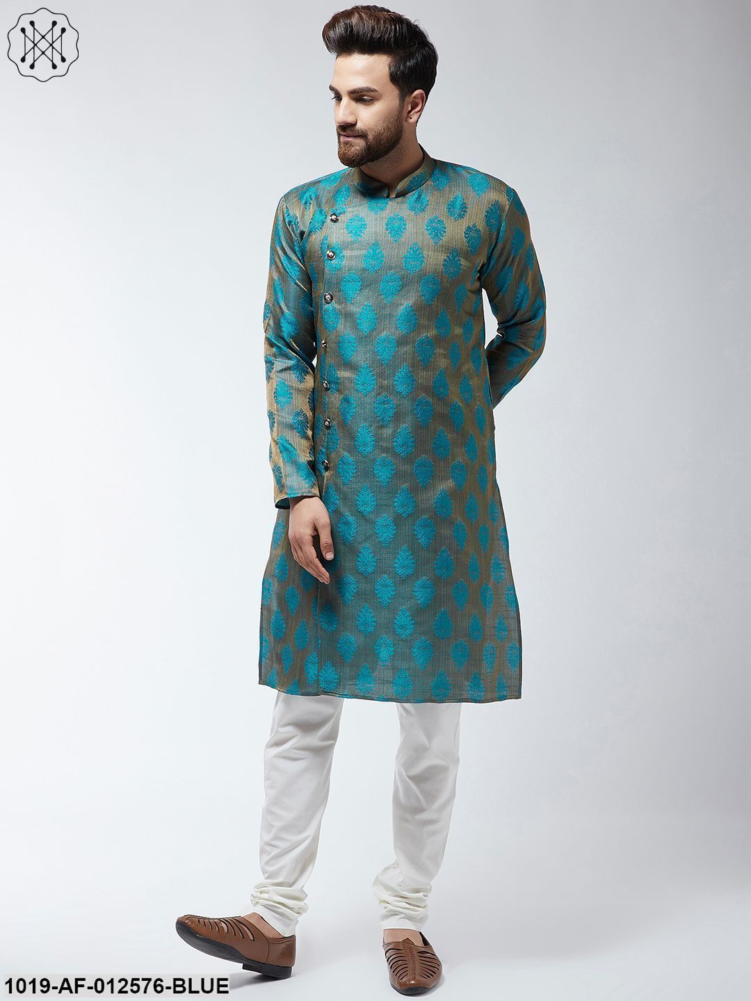 Men's Jacquard Silk Teal Blue Kurta & Off-White Churidar Pyjama Set