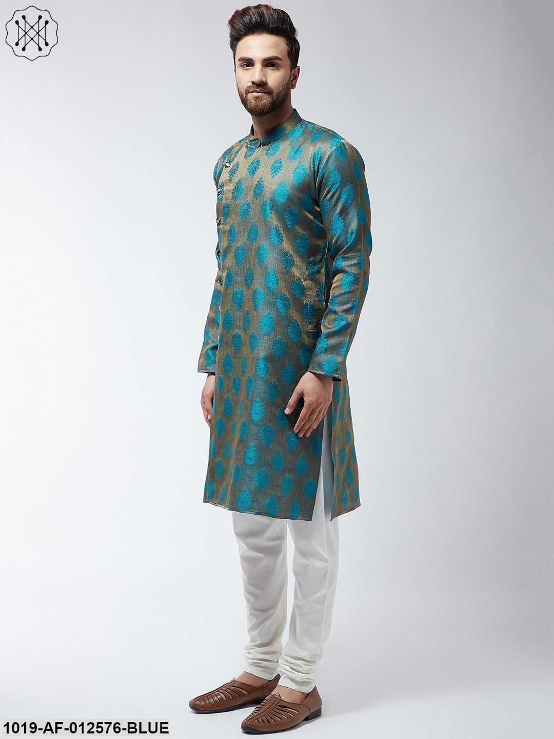 Men's Jacquard Silk Teal Blue Kurta & Off-White Churidar Pyjama Set