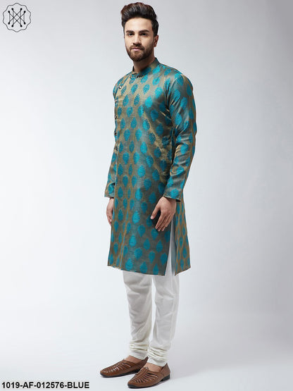 Men's Jacquard Silk Teal Blue Kurta & Off-White Churidar Pyjama Set