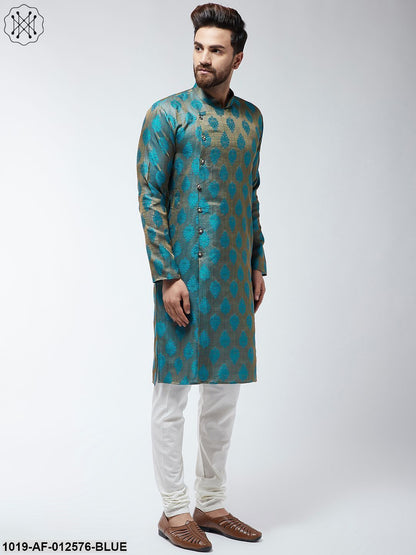 Men's Jacquard Silk Teal Blue Kurta & Off-White Churidar Pyjama Set