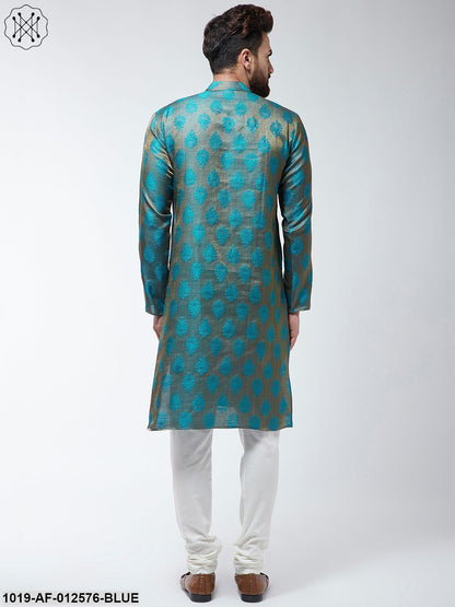 Men's Jacquard Silk Teal Blue Kurta & Off-White Churidar Pyjama Set