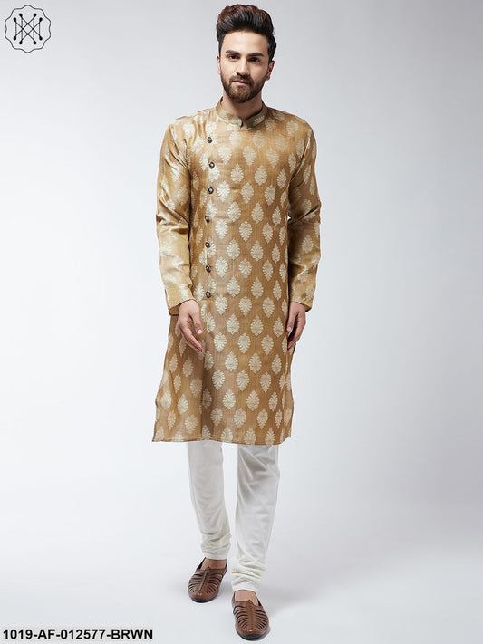 Men's Jacquard Silk Brown Kurta & Off-White Churidar Pyjama Set