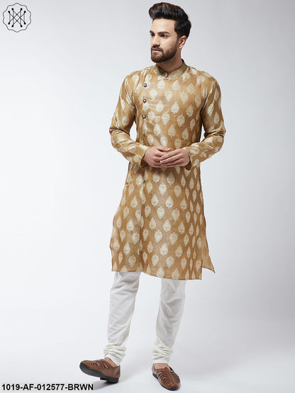 Men's Jacquard Silk Brown Kurta & Off-White Churidar Pyjama Set