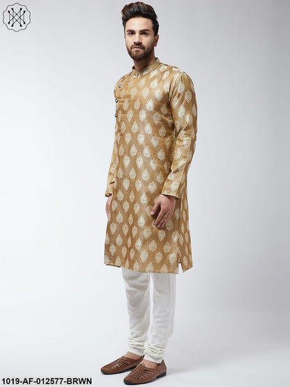 Men's Jacquard Silk Brown Kurta & Off-White Churidar Pyjama Set