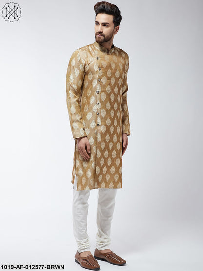 Men's Jacquard Silk Brown Kurta & Off-White Churidar Pyjama Set