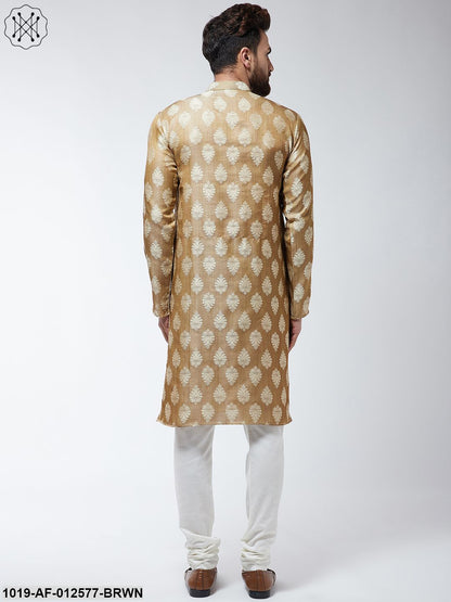 Men's Jacquard Silk Brown Kurta & Off-White Churidar Pyjama Set