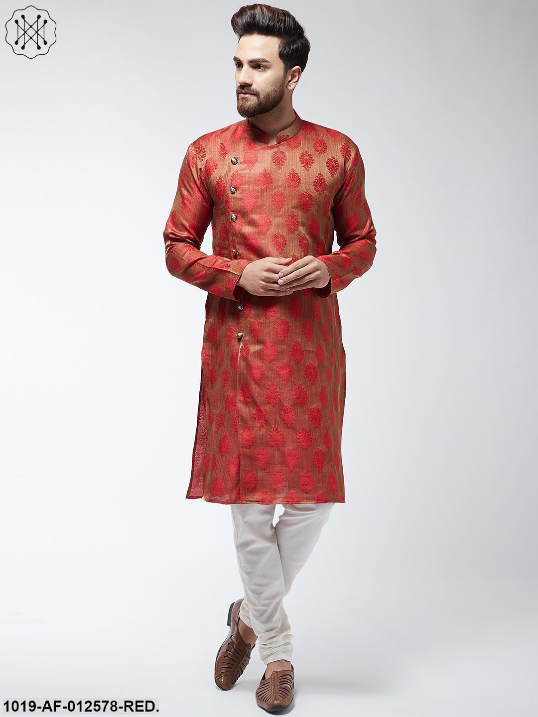 Men's Jacquard Silk Red Kurta & Off-White Churidar Pyjama Set