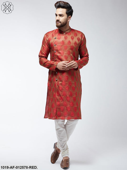 Men's Jacquard Silk Red Kurta & Off-White Churidar Pyjama Set