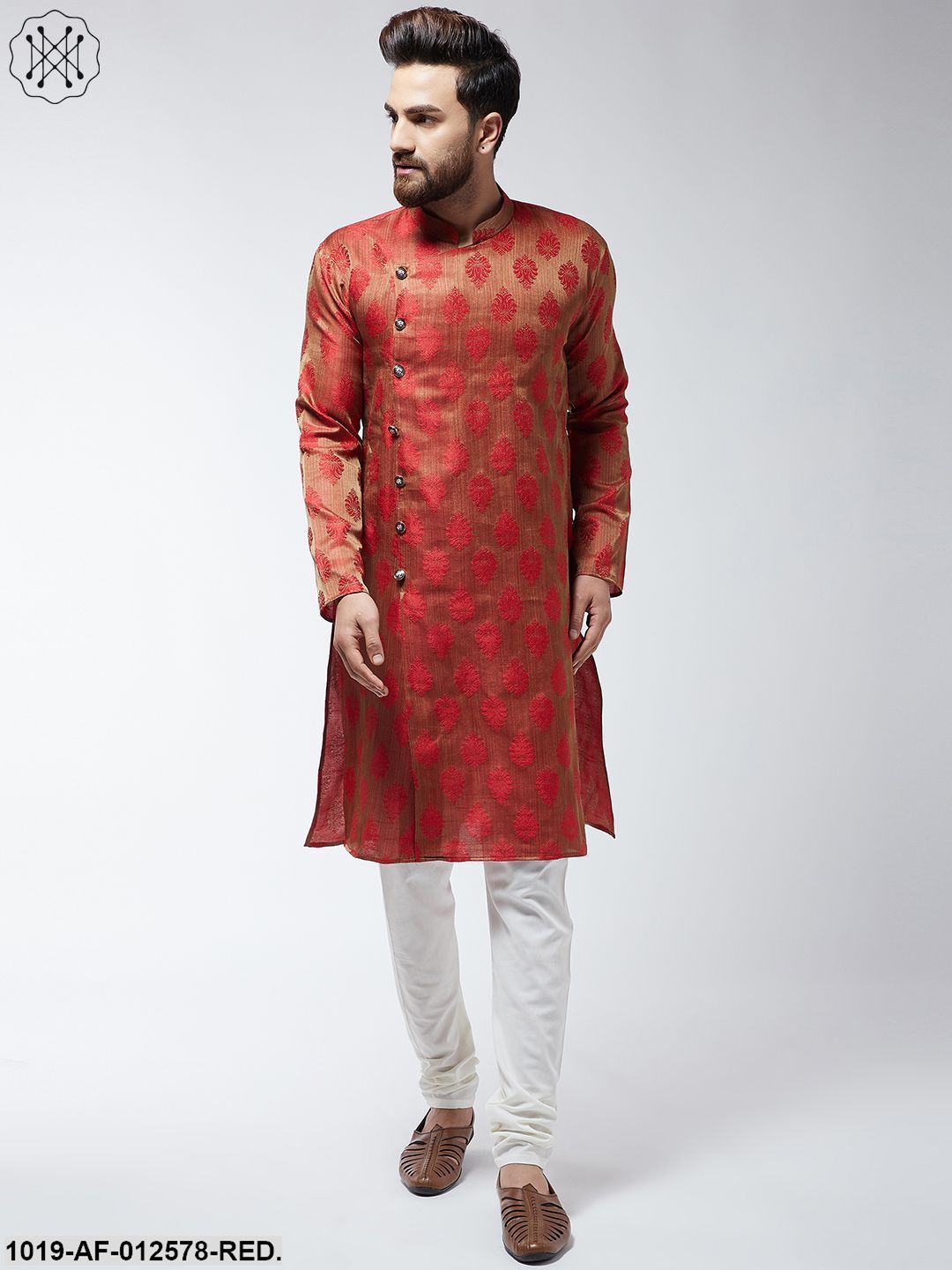 Men's Jacquard Silk Red Kurta & Off-White Churidar Pyjama Set