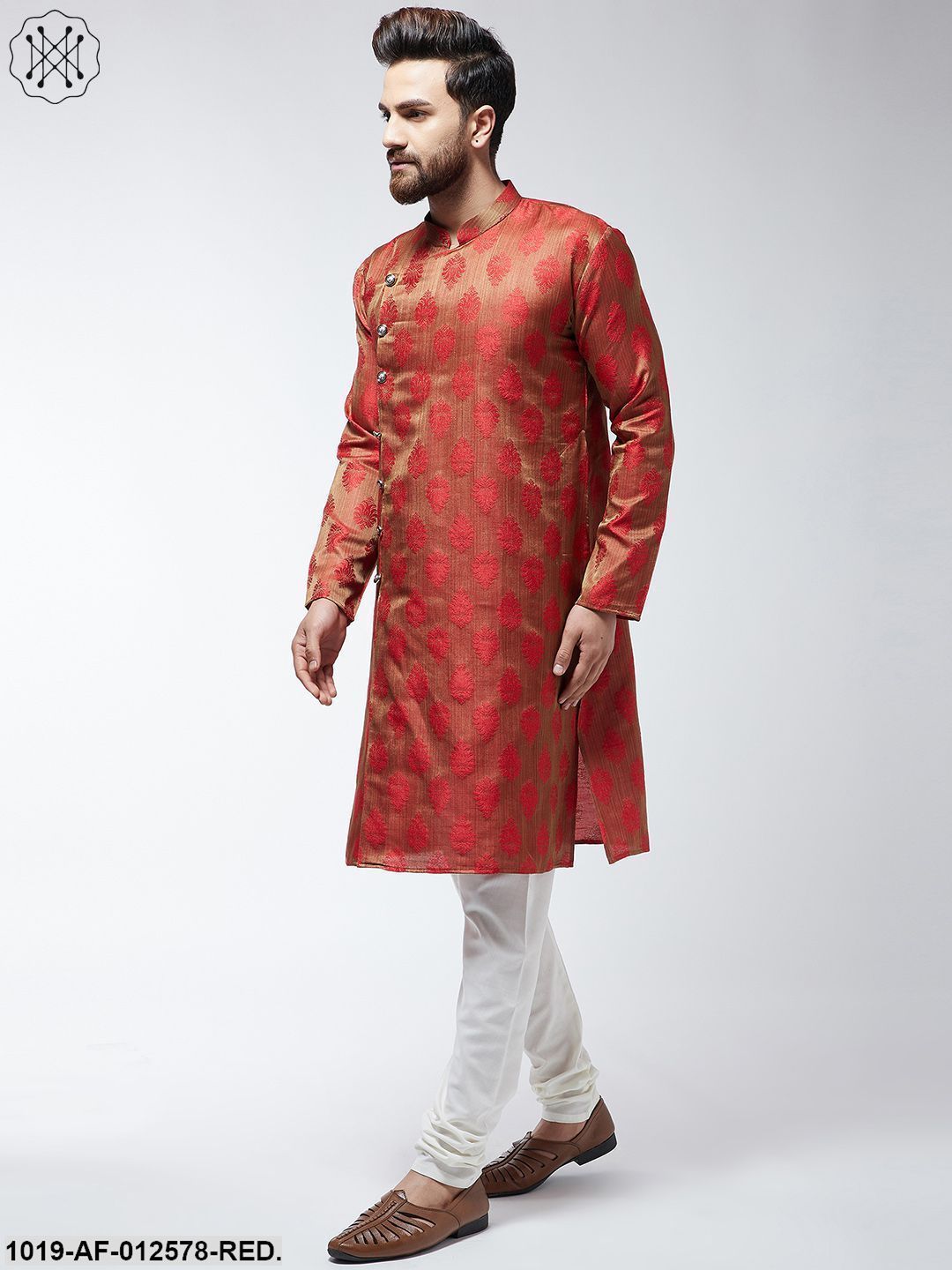 Men's Jacquard Silk Red Kurta & Off-White Churidar Pyjama Set