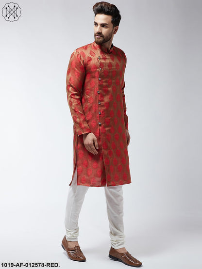 Men's Jacquard Silk Red Kurta & Off-White Churidar Pyjama Set