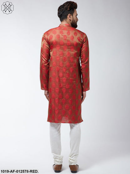 Men's Jacquard Silk Red Kurta & Off-White Churidar Pyjama Set