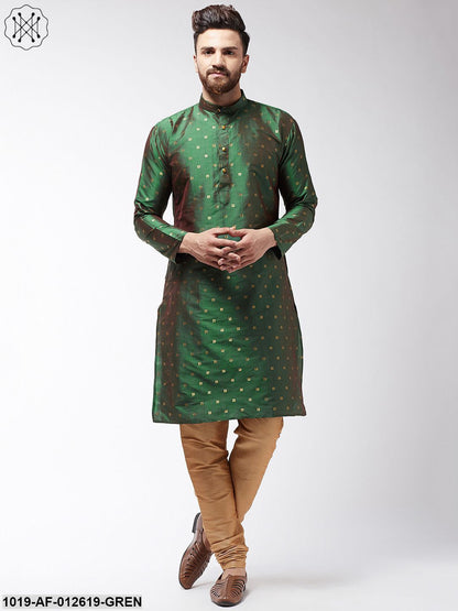 Men's Silk Blend Dark Green Kurta & Gold Churidar Pyjama Set