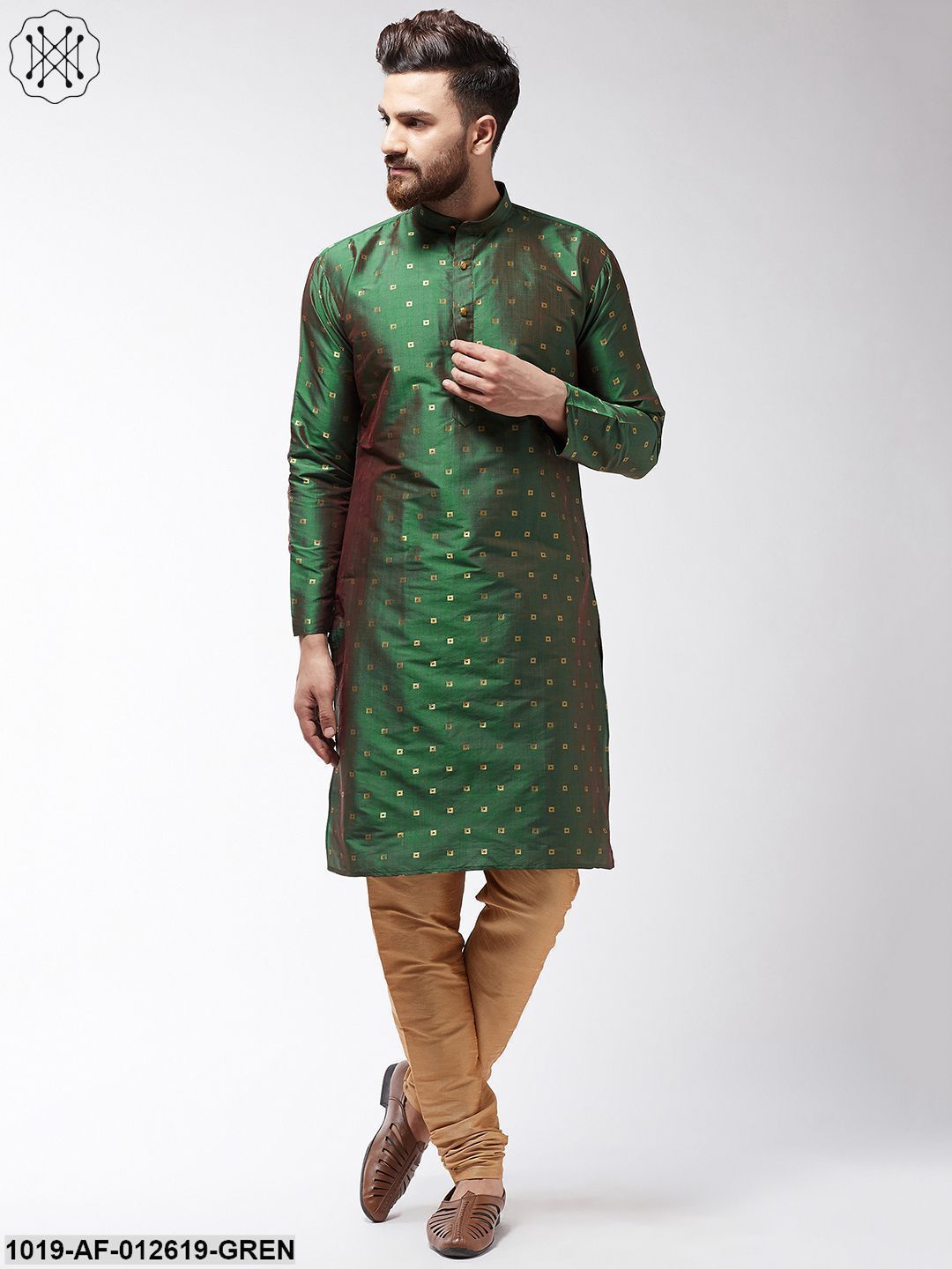 Men's Silk Blend Dark Green Kurta & Gold Churidar Pyjama Set