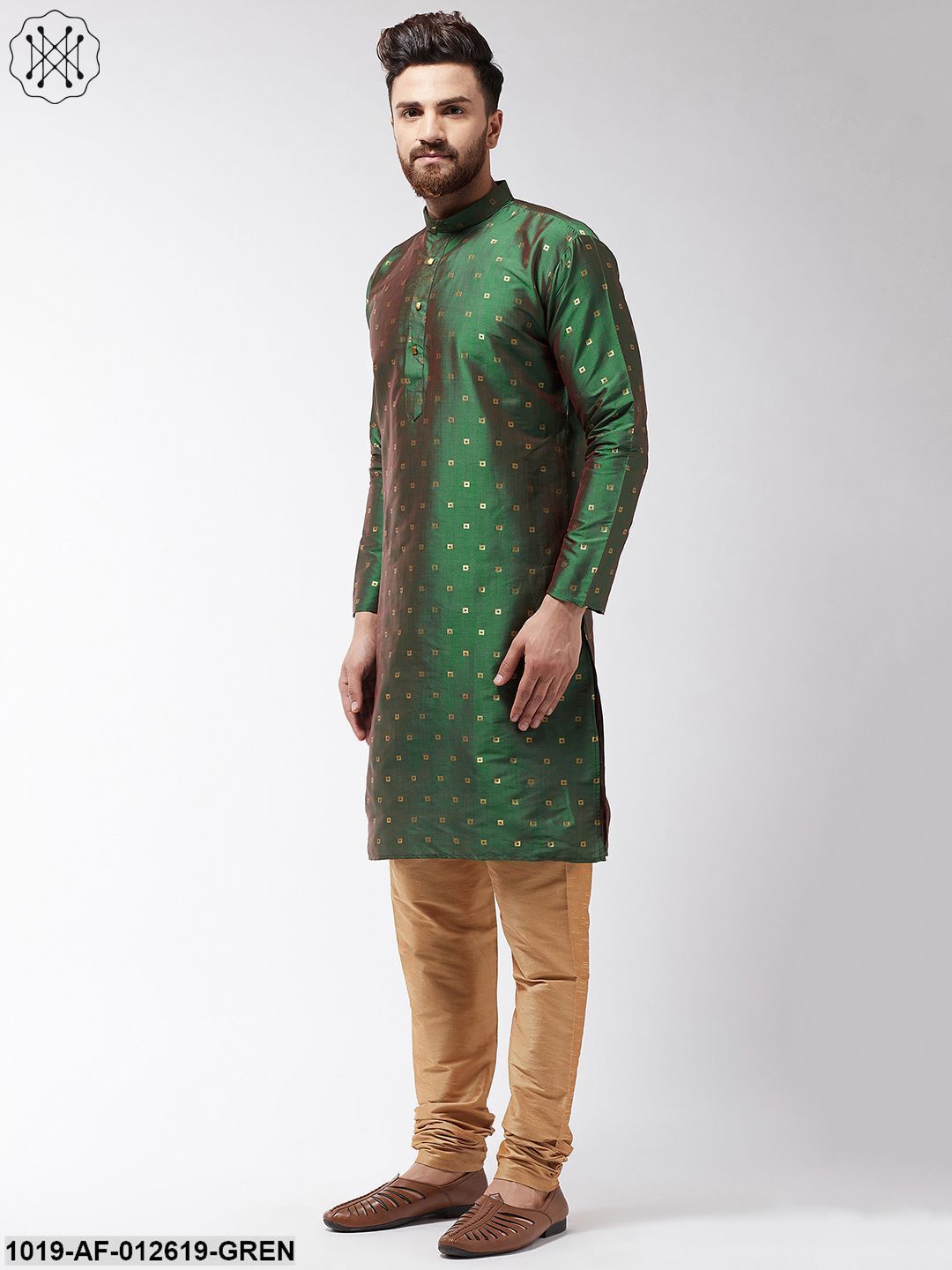 Men's Silk Blend Dark Green Kurta & Gold Churidar Pyjama Set