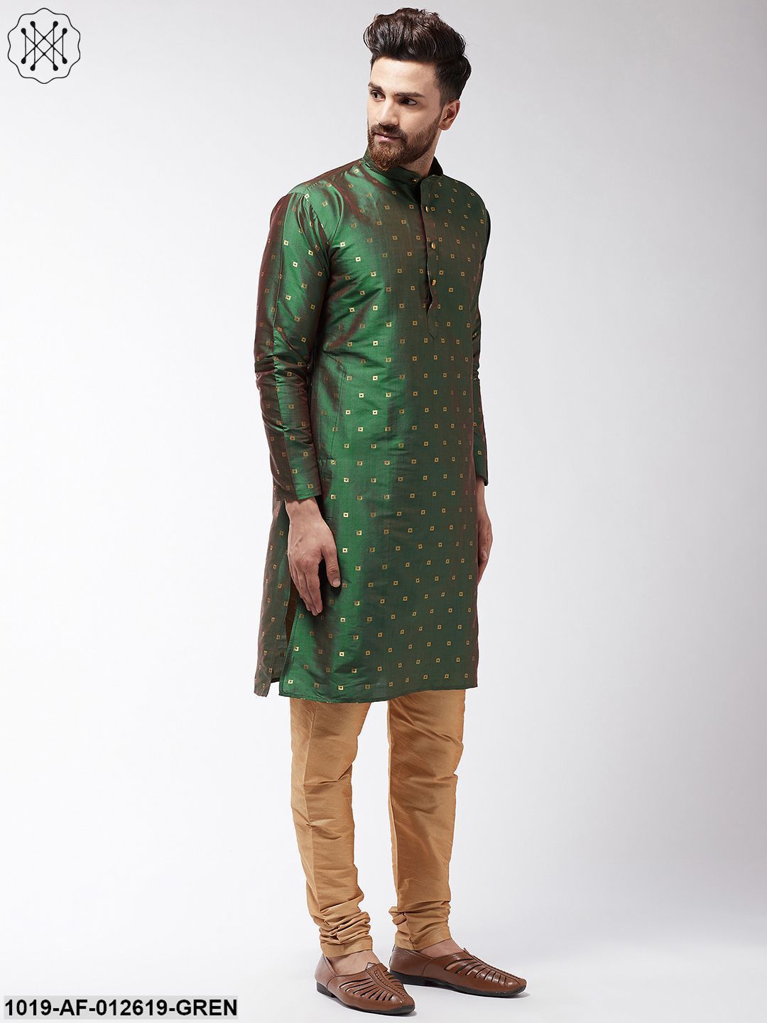 Men's Silk Blend Dark Green Kurta & Gold Churidar Pyjama Set