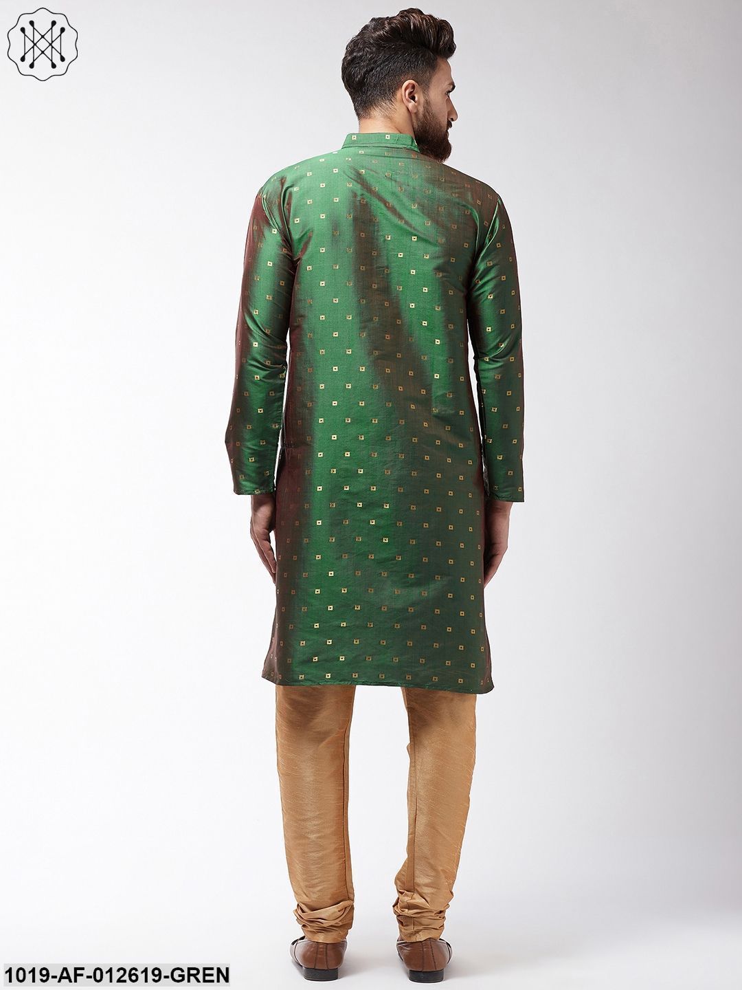 Men's Silk Blend Dark Green Kurta & Gold Churidar Pyjama Set