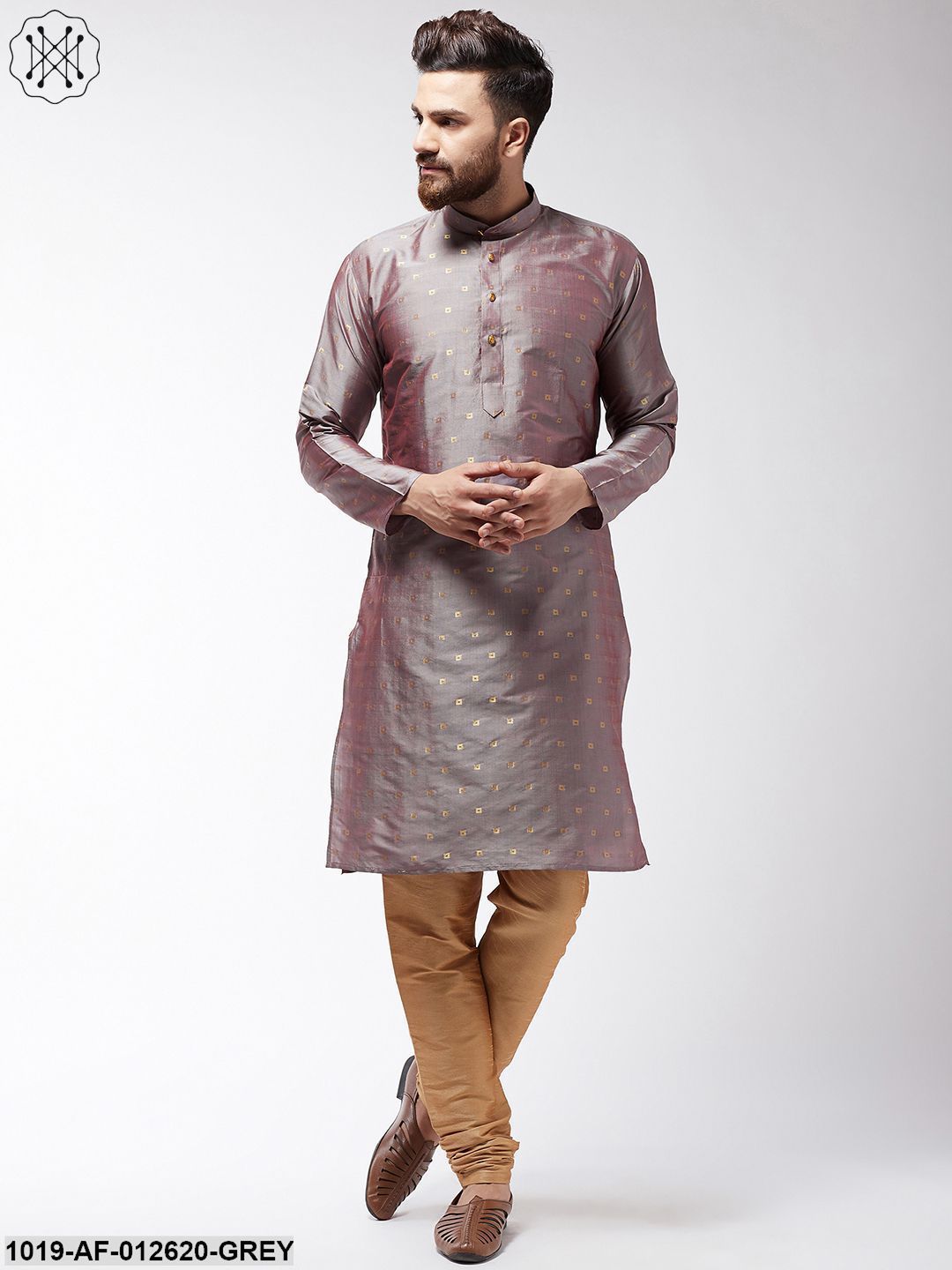 Men's Silk Blend Grey Kurta & Gold Churidar Pyjama Set