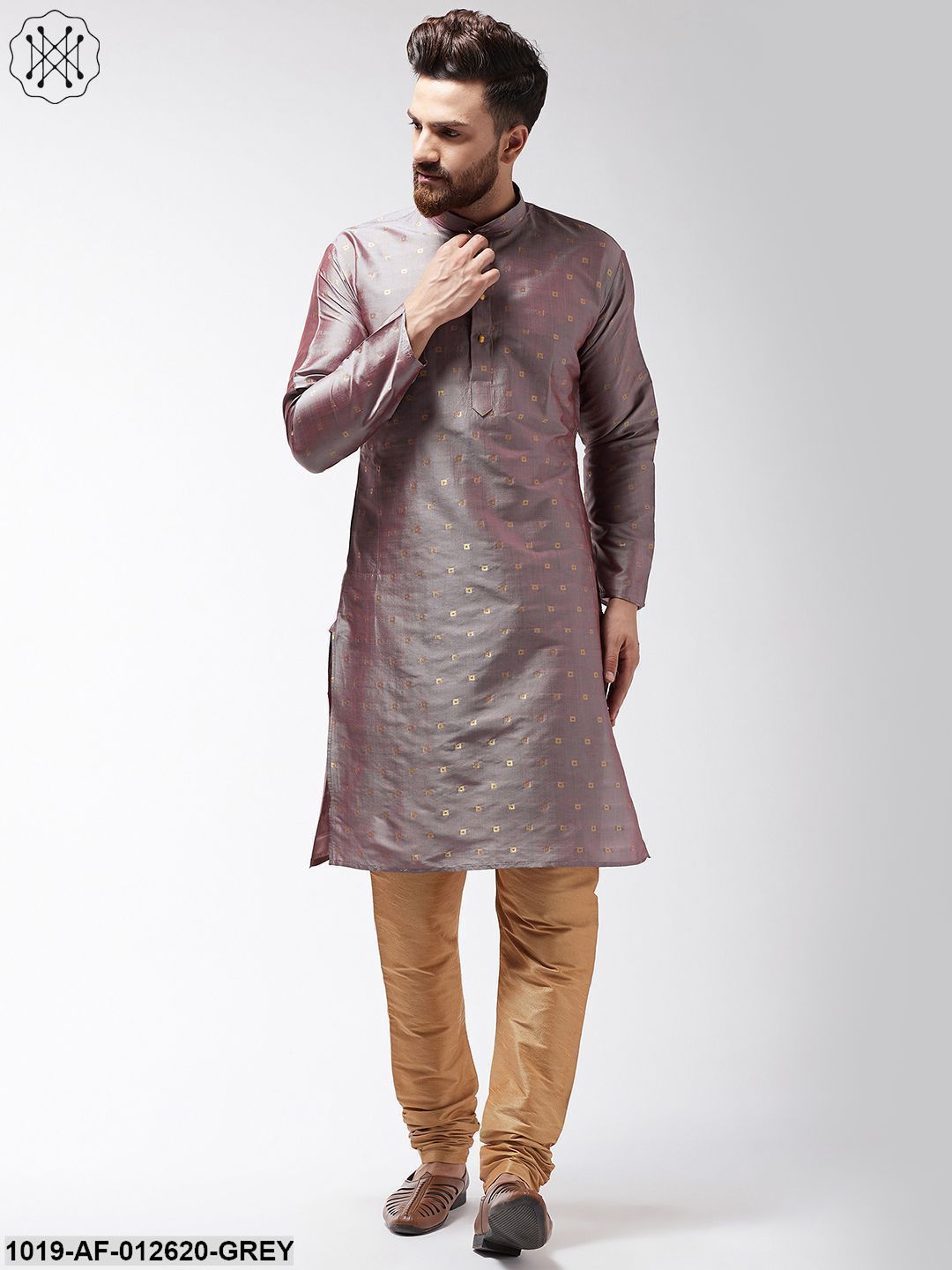 Men's Silk Blend Grey Kurta & Gold Churidar Pyjama Set