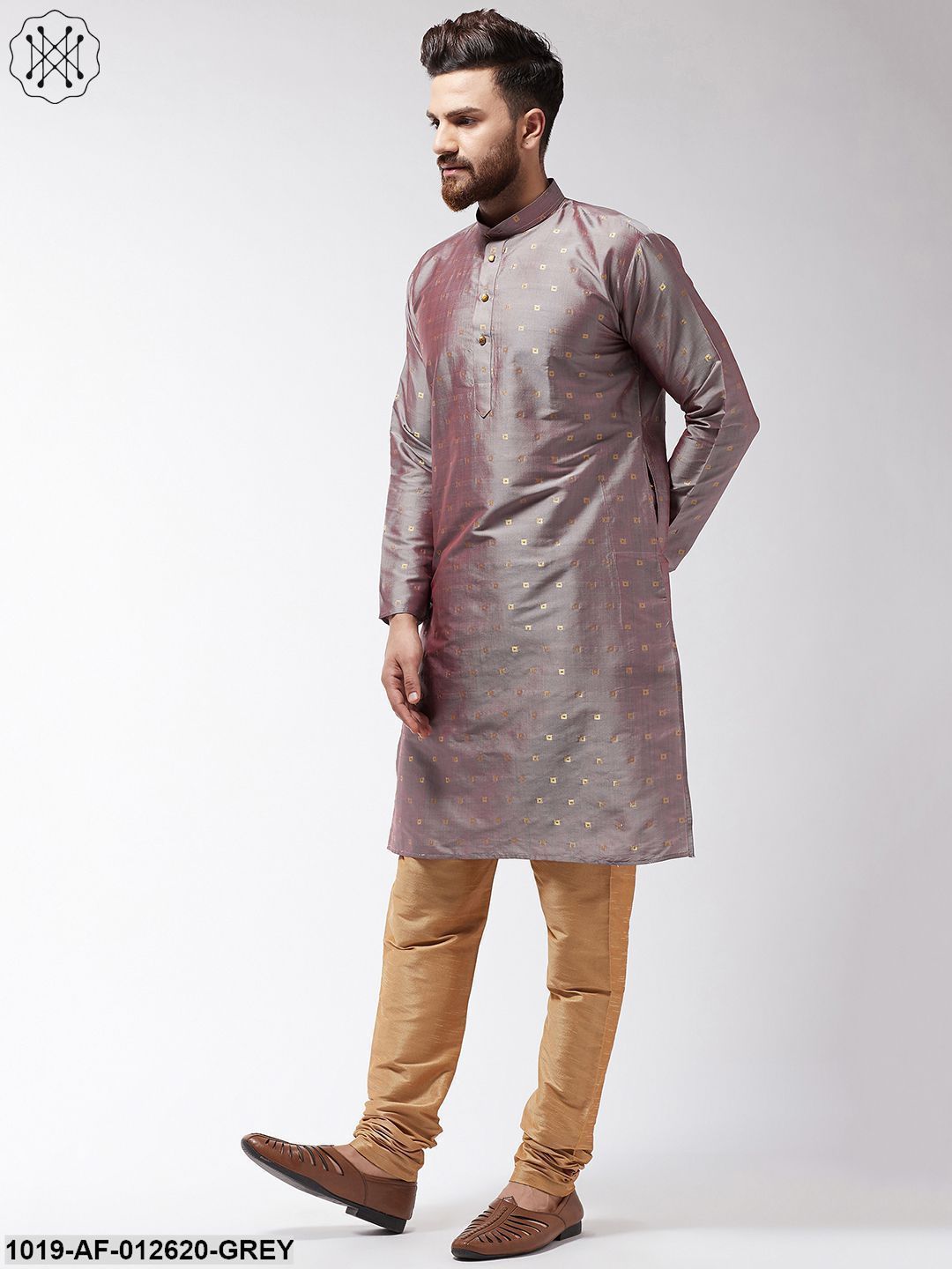 Men's Silk Blend Grey Kurta & Gold Churidar Pyjama Set