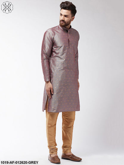 Men's Silk Blend Grey Kurta & Gold Churidar Pyjama Set