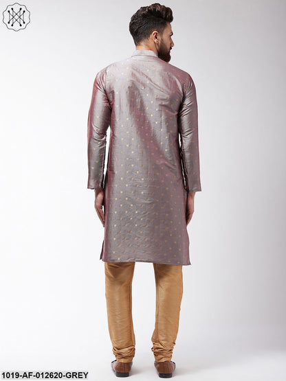 Men's Silk Blend Grey Kurta & Gold Churidar Pyjama Set