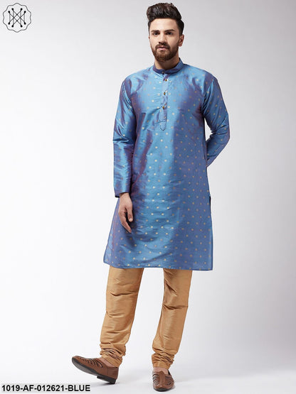 Men's Silk Blend Blue Kurta & Gold Churidar Pyjama Set