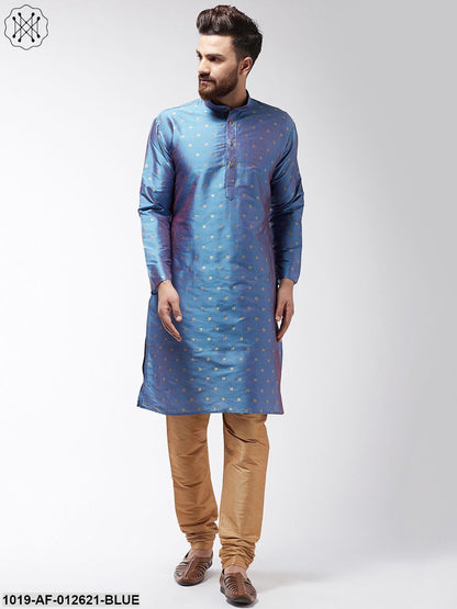 Men's Silk Blend Blue Kurta & Gold Churidar Pyjama Set