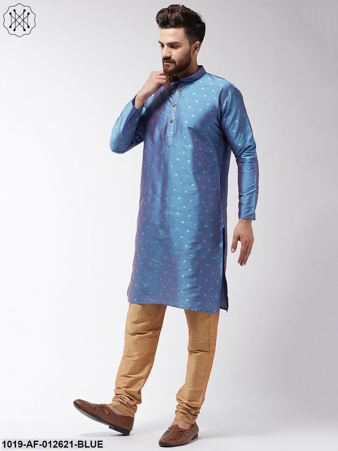 Men's Silk Blend Blue Kurta & Gold Churidar Pyjama Set