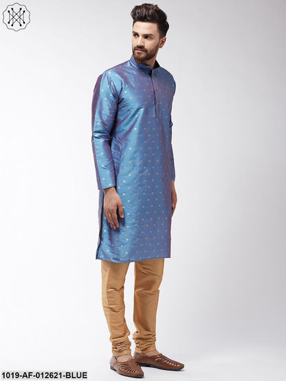 Men's Silk Blend Blue Kurta & Gold Churidar Pyjama Set