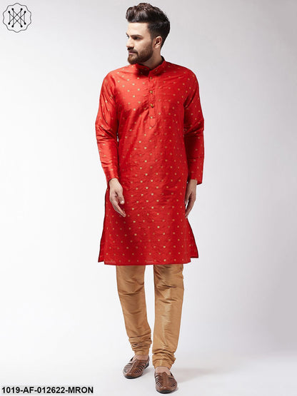 Men's Silk Blend Maroon Kurta & Gold Churidar Pyjama Set