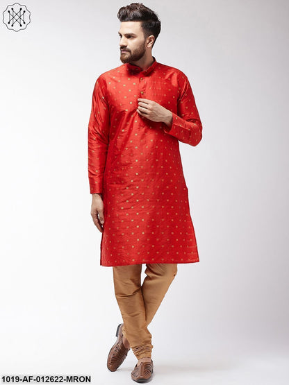 Men's Silk Blend Maroon Kurta & Gold Churidar Pyjama Set