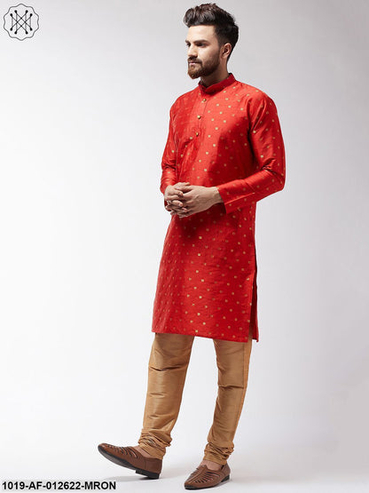 Men's Silk Blend Maroon Kurta & Gold Churidar Pyjama Set