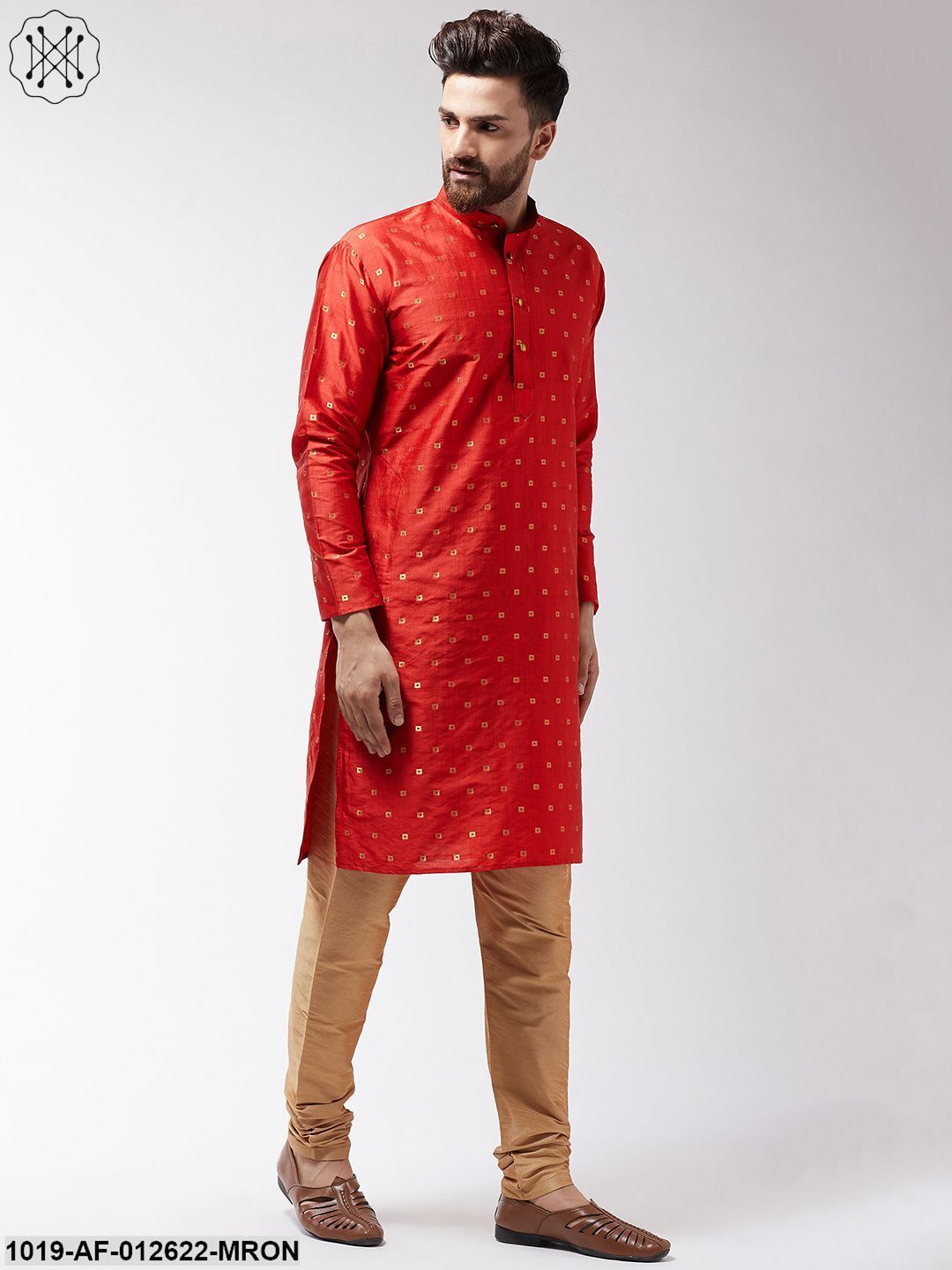 Men's Silk Blend Maroon Kurta & Gold Churidar Pyjama Set