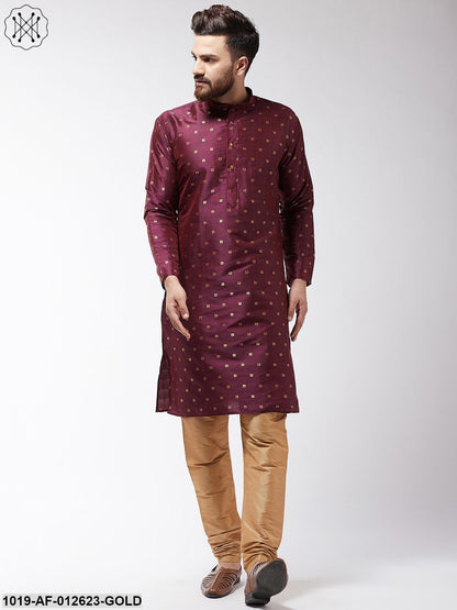 Men's Silk Blend Wine Kurta & Gold Churidar Pyjama Set