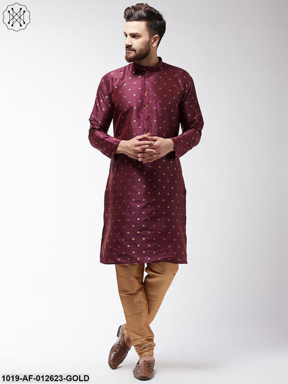 Men's Silk Blend Wine Kurta & Gold Churidar Pyjama Set