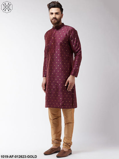 Men's Silk Blend Wine Kurta & Gold Churidar Pyjama Set