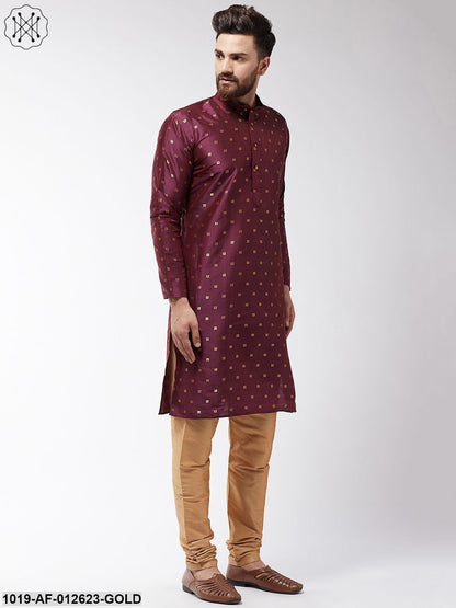 Men's Silk Blend Wine Kurta & Gold Churidar Pyjama Set